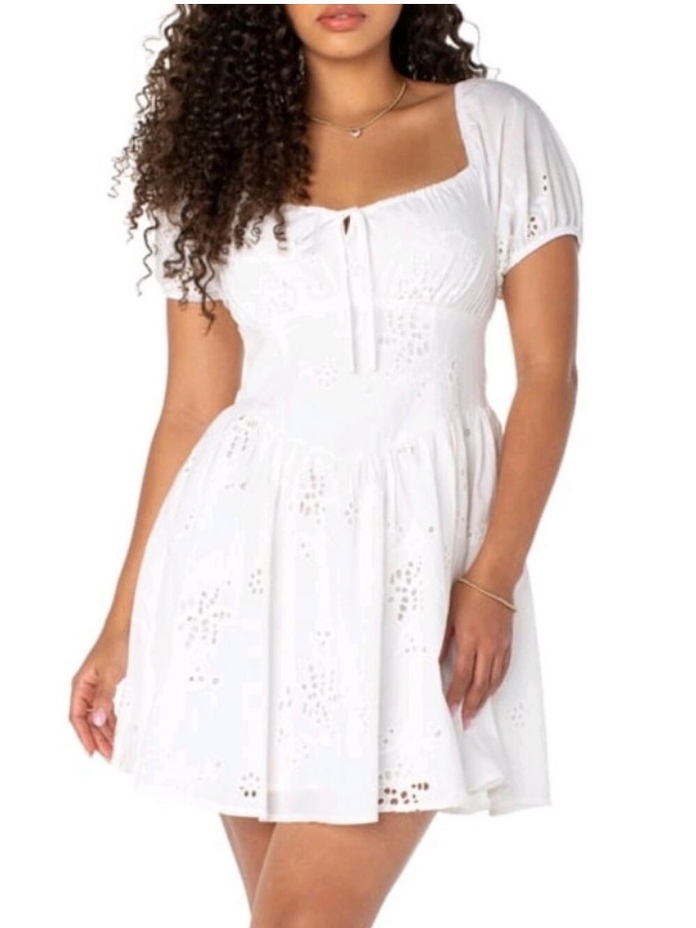 NWT Celebrity Pink White Eyelet Puff-Sleeve Mini Dress Sz S